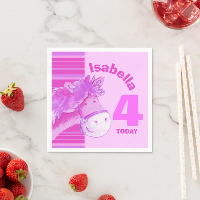 Pink pony watercolor art kids birthday napkin (Insitu)