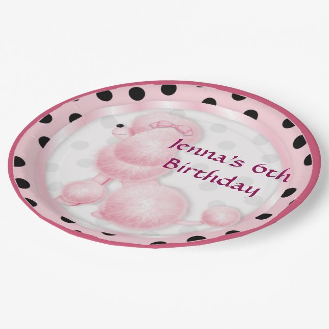 Pink Poodle Birthday Party Paper Plates (Angled)