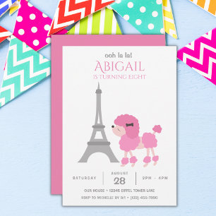 Pink Poodle Eiffel Tower Adorable Birthday Party Invitation