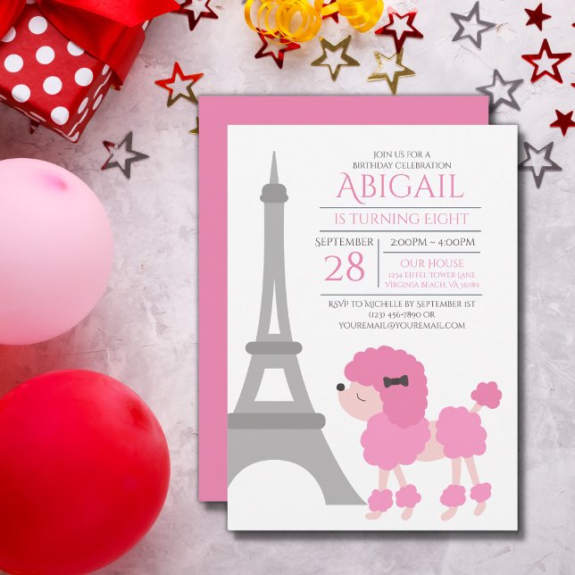 Pink Poodle Eiffel Tower Adorable Birthday Party Invitation (Creator Uploaded)