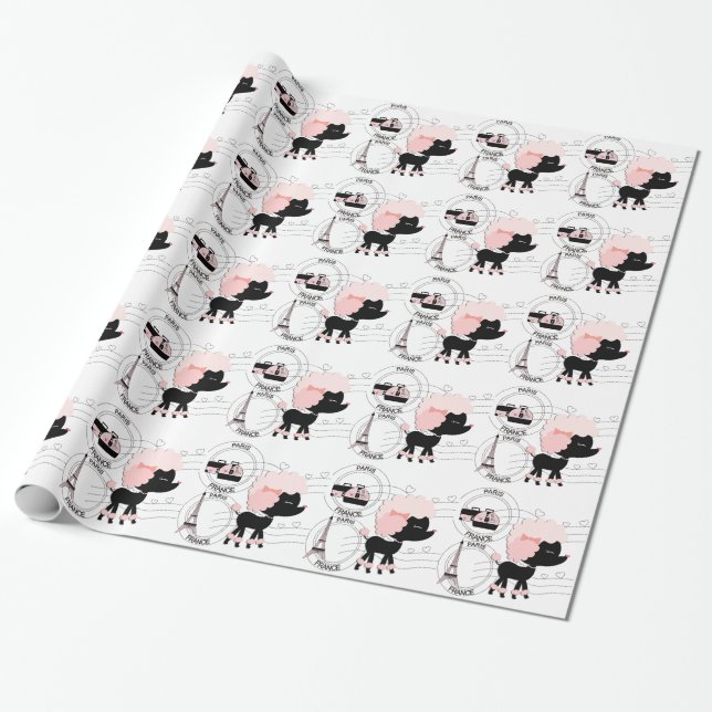 Pink Poodle Eiffel Tower Paris Wrapping Paper (Unrolled)