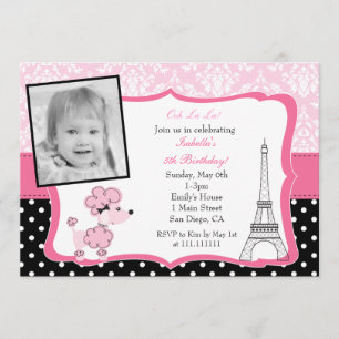 Pink Poodle in Paris Photo Birthday Invitation