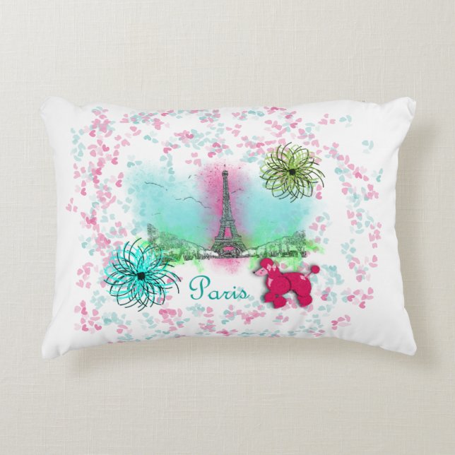 Pink Poodle Paris Eiffel Tower Decorative Cushion (Front)