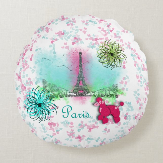 Pink Poodle Paris Eiffel Tower Round Cushion (Front)