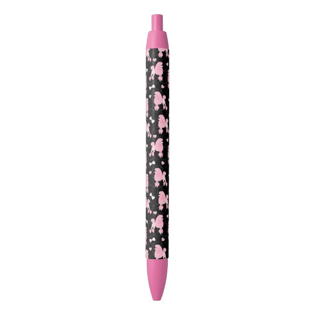 Pink Poodles and Bows Pattern Black Ink Pen (Front Vertical)