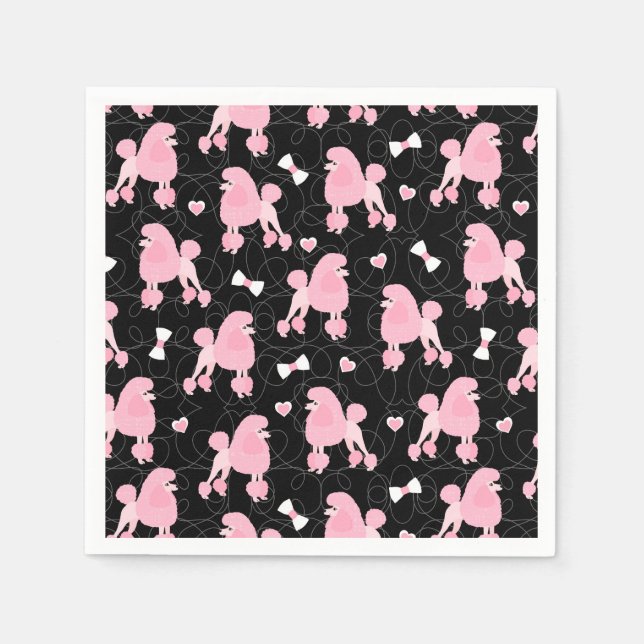 Pink Poodles and Bows Pattern Black Napkin (Front)