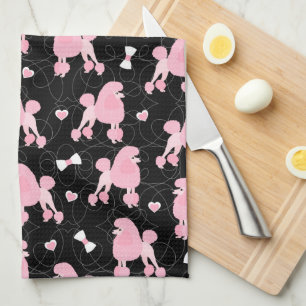 Pink Poodles and Bows Pattern Black Tea Towel