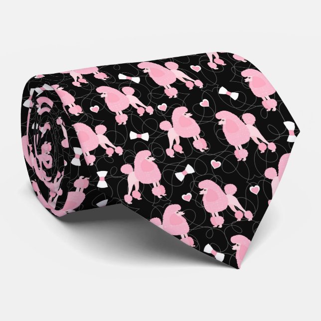 Pink Poodles and Bows Pattern Black Tie (Rolled)