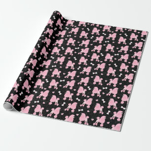 Pink Poodles and Bows Pattern Black Wrapping Paper