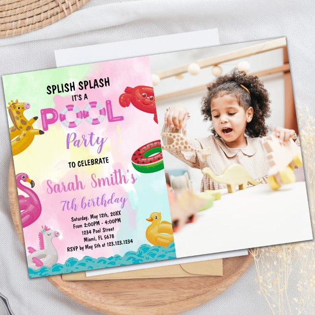 Pink Pool Birthday Invitations with photo (Pink Pool Birthday Invitations with photo)