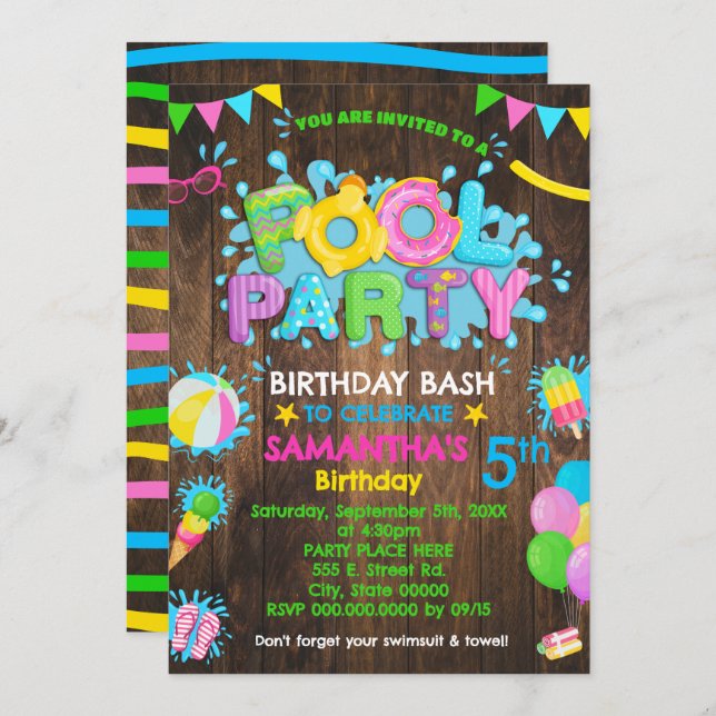 Pink Pool Birthday Party Rubber Duck Wooden Invitation (Front/Back)