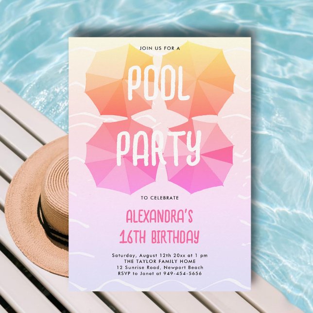 Pink Pool Birthday Party Umbrellas Cool Sweet 16 Invitation (pink sweet 16 pool party invitations ideas modern umbrellas pattern chic cute cool fun teen elegant)