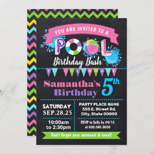 Pink Pool birthday summer bash chalkboard Invitation
