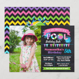Pink Pool birthday summer bash chalkboard photo Invitation