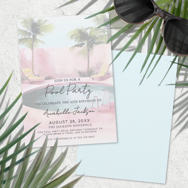Pink Pool Party 16th Birthday Invitation (Pink Pool Party 16th Birthday Invitation)