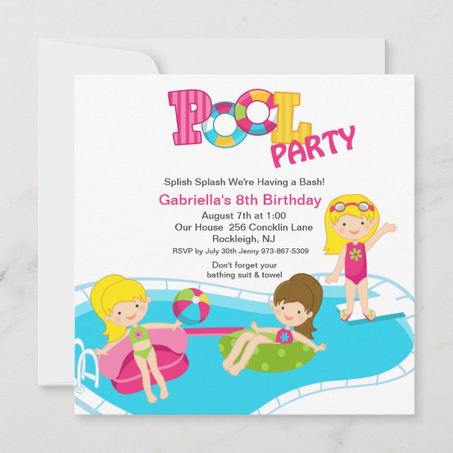 Pink Pool Party All Girls  Birthday Invitation (Front)