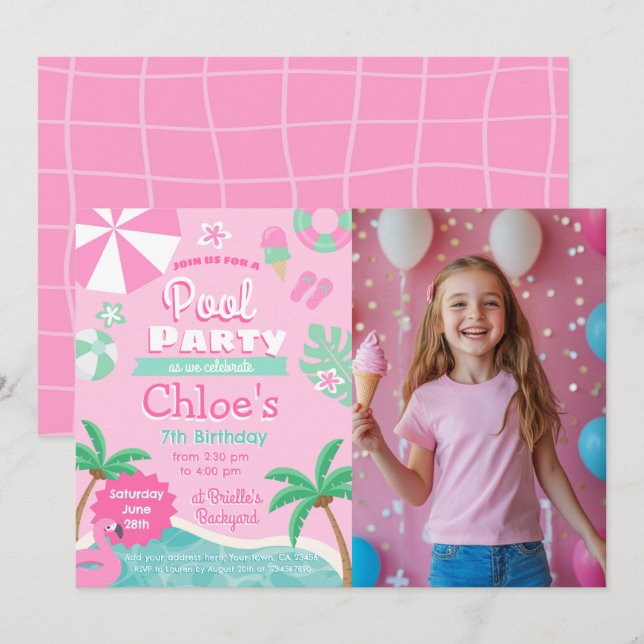 Pink Pool Party Birthday Invitation (Front/Back)