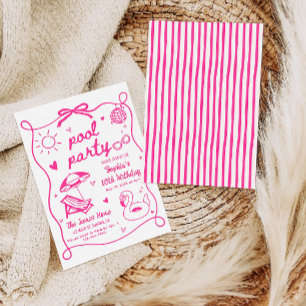 Pink Pool Party Birthday Invitation Hand Drawn
