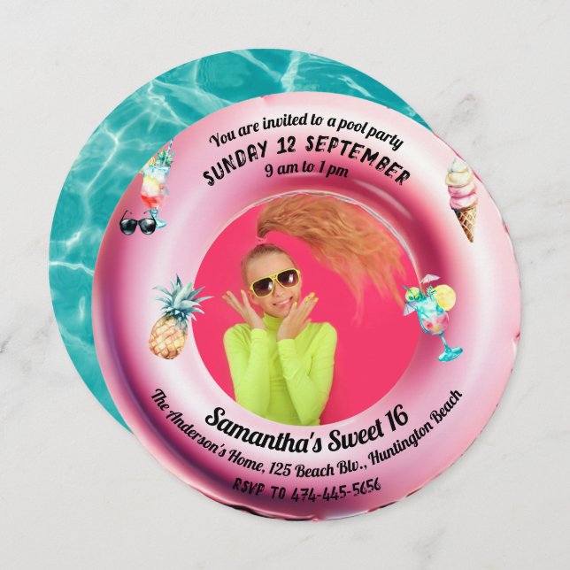 Pink Pool Party Cocktail Watercolor Sweet 16 Photo Invitation (Front/Back)