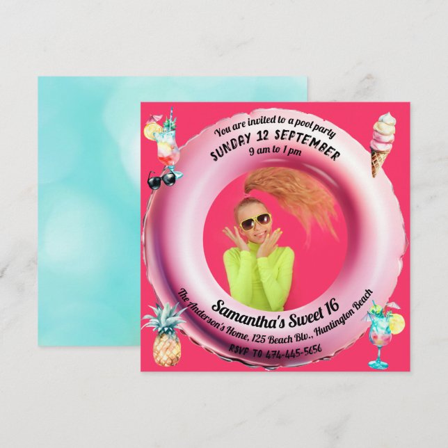 Pink Pool Party Cocktails Pineapple Sweet 16 Photo Invitation (Front/Back)