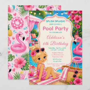 Pink Pool Party Girls Birthday Invitation
