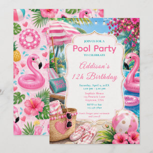 Pink Pool Party Girls Birthday Invitation
