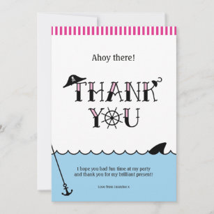 Pink Pool Pirate Party Thank You Note Card