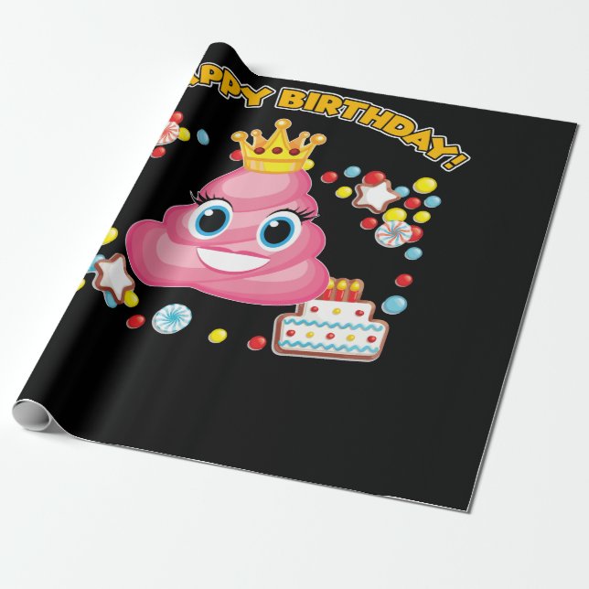 Pink Poop Emoji Happy Birthday Girls Wrapping Paper (Unrolled)