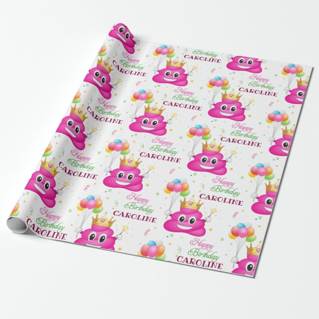 Pink Poop Emoji Princess Birthday Party Wrapping Paper (Unrolled)