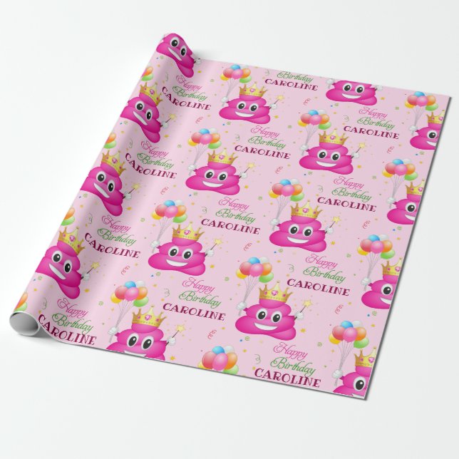 Pink Poop Emoji Princess Birthday Party Wrapping Paper (Unrolled)