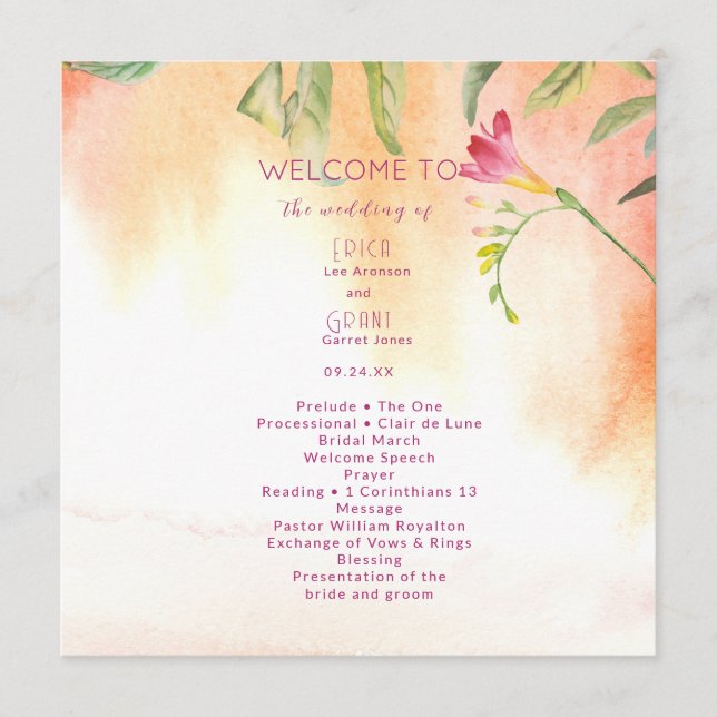  Pink Pop Freesia Peach Wedding Programme (Front)