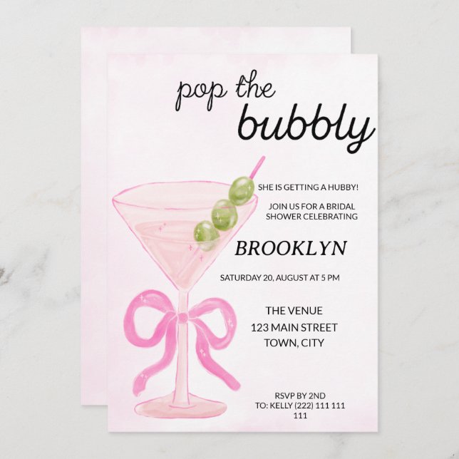 Pink Pop The Bubbly Martini Bridal Shower Invitation (Front/Back)
