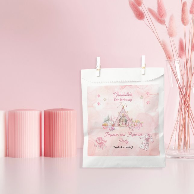 Pink Popcorn and Pyjamas Slumber Birthday Party Favour Bags (Pink "Popcorn and Pajamas" Slumber | Sleepover Birthday Party Favor Bags)