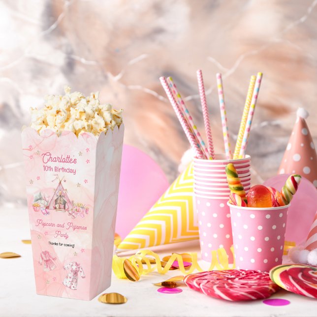 Pink Popcorn and Pyjamas Slumber Birthday Party Favour Box (Pink "Popcorn and Pajamas"  Slumber | Sleepover Birthday Party Popcorn Favor Box)