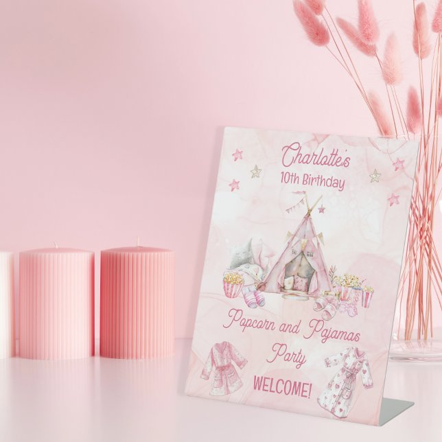 Pink Popcorn and Pyjamas Slumber Birthday Party Pedestal Sign (Pink "Popcorn and Pajamas" Slumber | Sleepover Birthday Party "Welcome" Pedestal Sign)