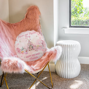 Pink Popcorn and Pyjamas Slumber Birthday Party Round Cushion