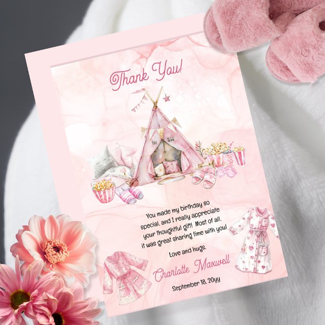 Pink Popcorn and Pyjamas Slumber Birthday Party Thank You Card (Pink Popcorn and Pajamas  Slumber | Sleepover Birthday Party Thank You Card)
