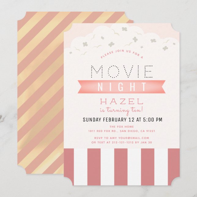 Pink Popcorn Movie Night Girl Birthday Invitation (Front/Back)