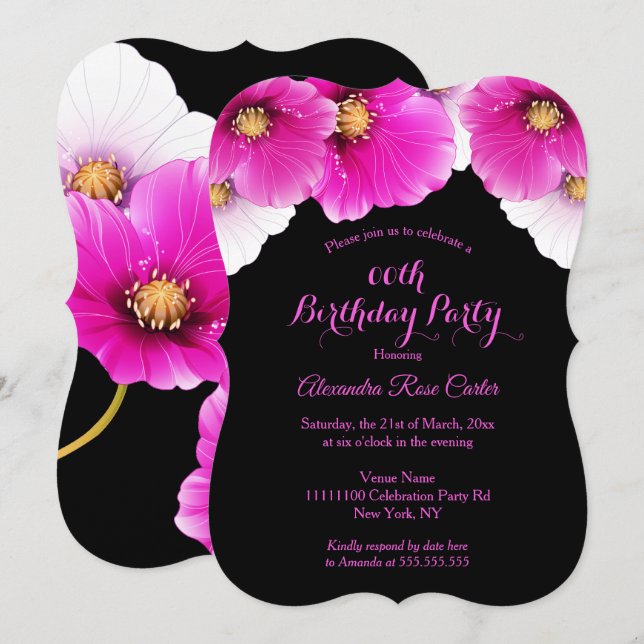 Pink Poppies floral Black Birthday Party Invitation (Front/Back)