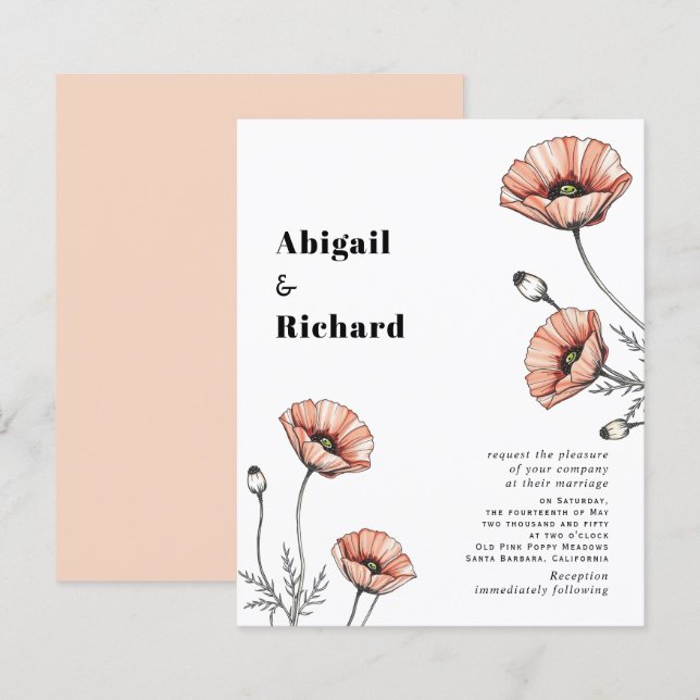  Pink poppies floral BUDGET wedding invitation (Front/Back)