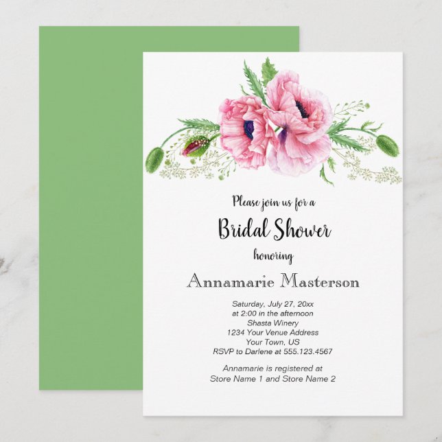 Pink Poppies Greenery Bouquet Bridal Shower | Invitation (Front/Back)