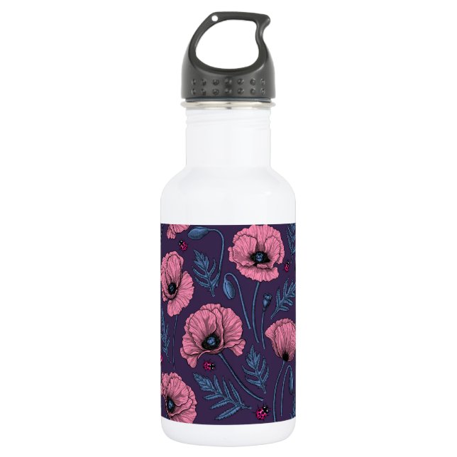 Pink poppies on dark violet 532 ml water bottle (Front)