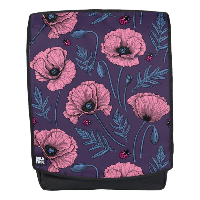 Pink poppies on dark violet backpack (Front)