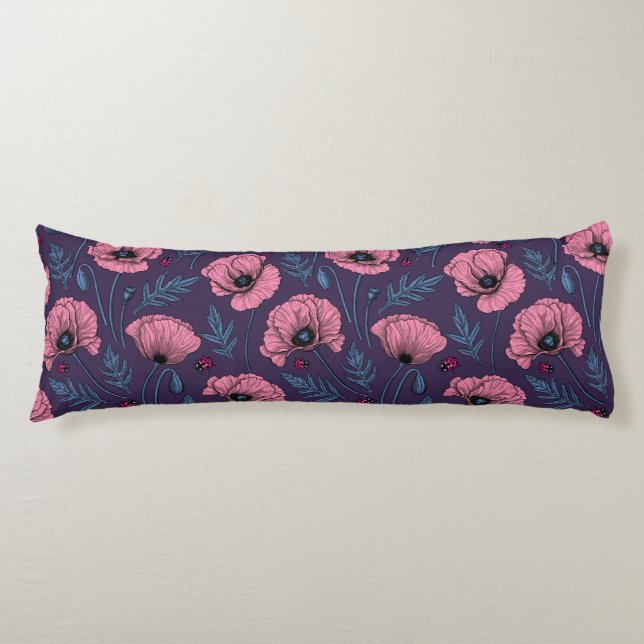 Pink poppies on dark violet body cushion (Front)