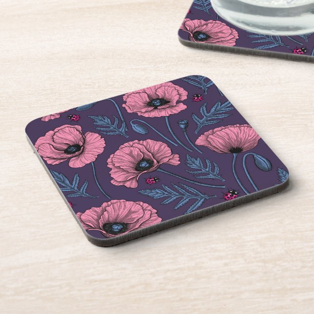 Pink poppies on dark violet coaster (Left Side)