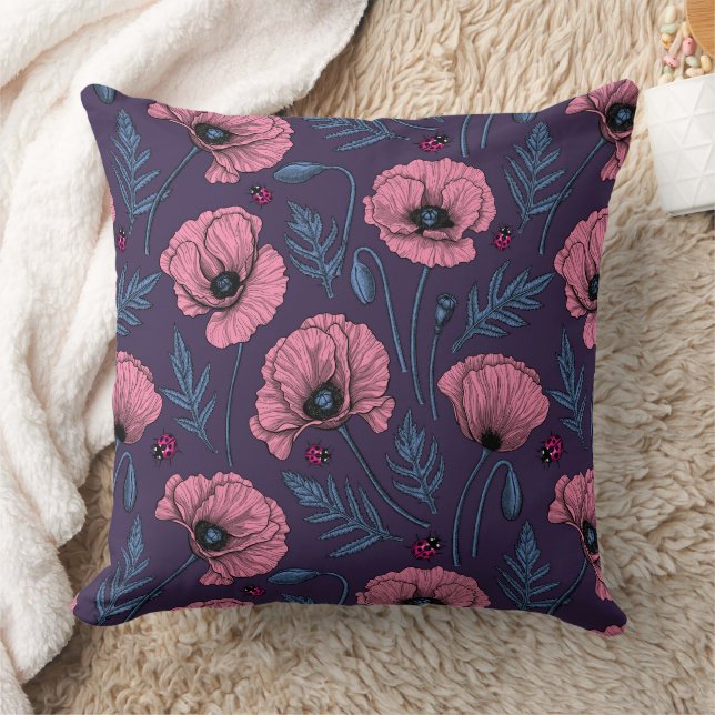 Pink poppies on dark violet cushion (Blanket)
