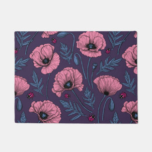 Pink poppies on dark violet doormat