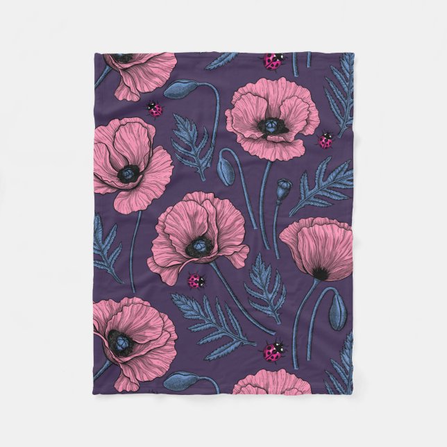 Pink poppies on dark violet fleece blanket (Front)