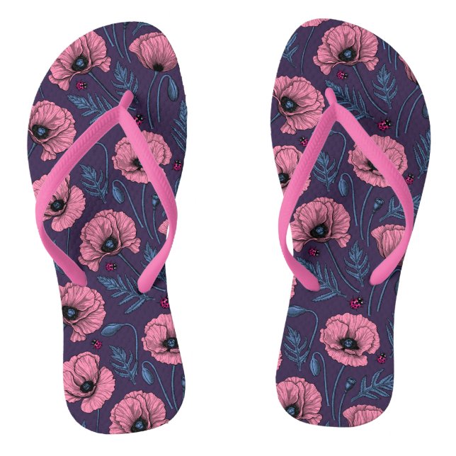 Pink poppies on dark violet flip flops (Footbed)