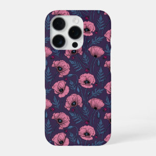 Pink poppies on dark violet iPhone 16 pro case